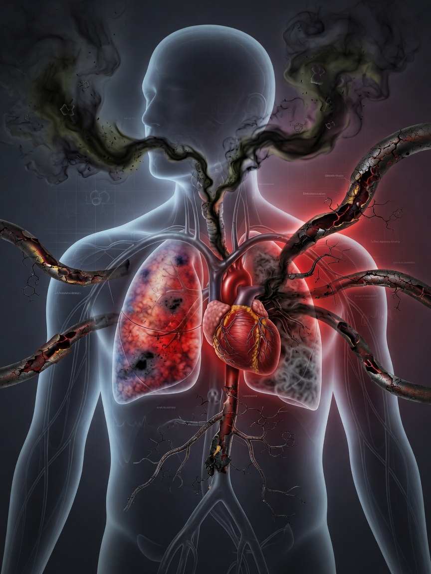 Illustration of the triple damage of smoking on the cardiovascular system, lungs, and immune system — one puff, three battlefields